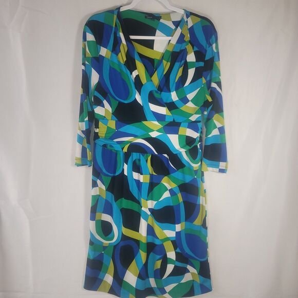 Chaus Dresses & Skirts - Chaus New York Geometric Faux Wrap Dress Large Blue Green 3/4 Sleeve Lined